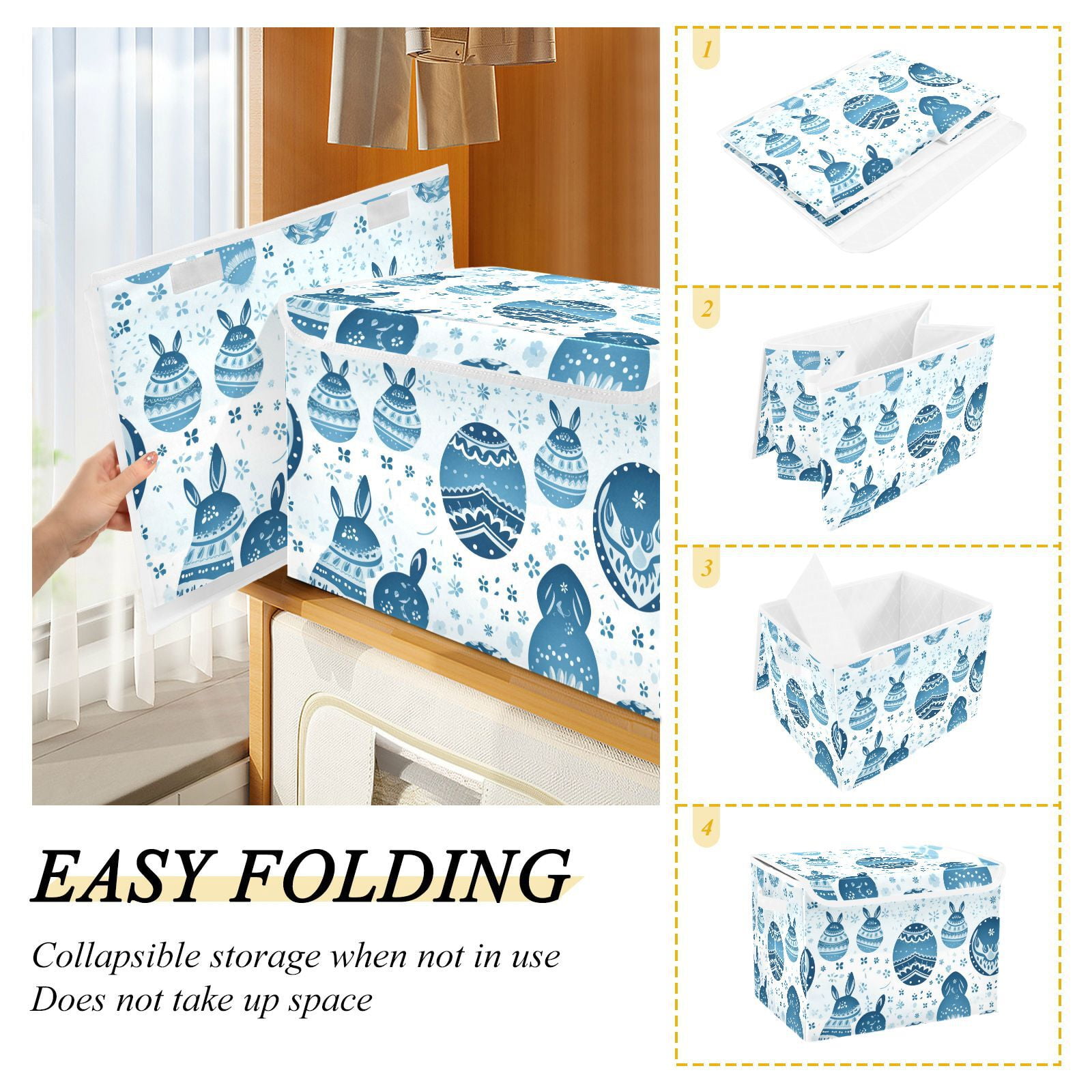 Easter Eggs Boho Storage Basket Foldable Laundry Basket Shelf Kids Toy Storage Container Organizer with Handles