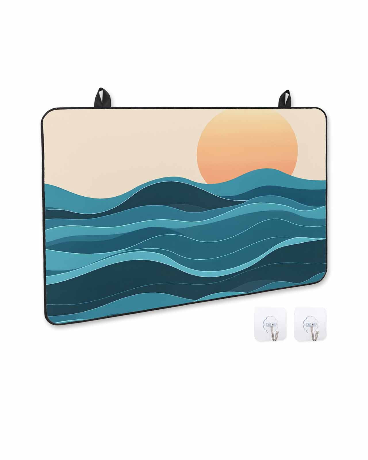 nqOlkjepod Large Induction Cooktop Protector Mat 36"x21", Teal Waves Stove Top Covers for Electric Stove, Watercolor Sun Turquoise Ombre Decorative Stove Burner Cover Mats, Glass Top Stove Cover