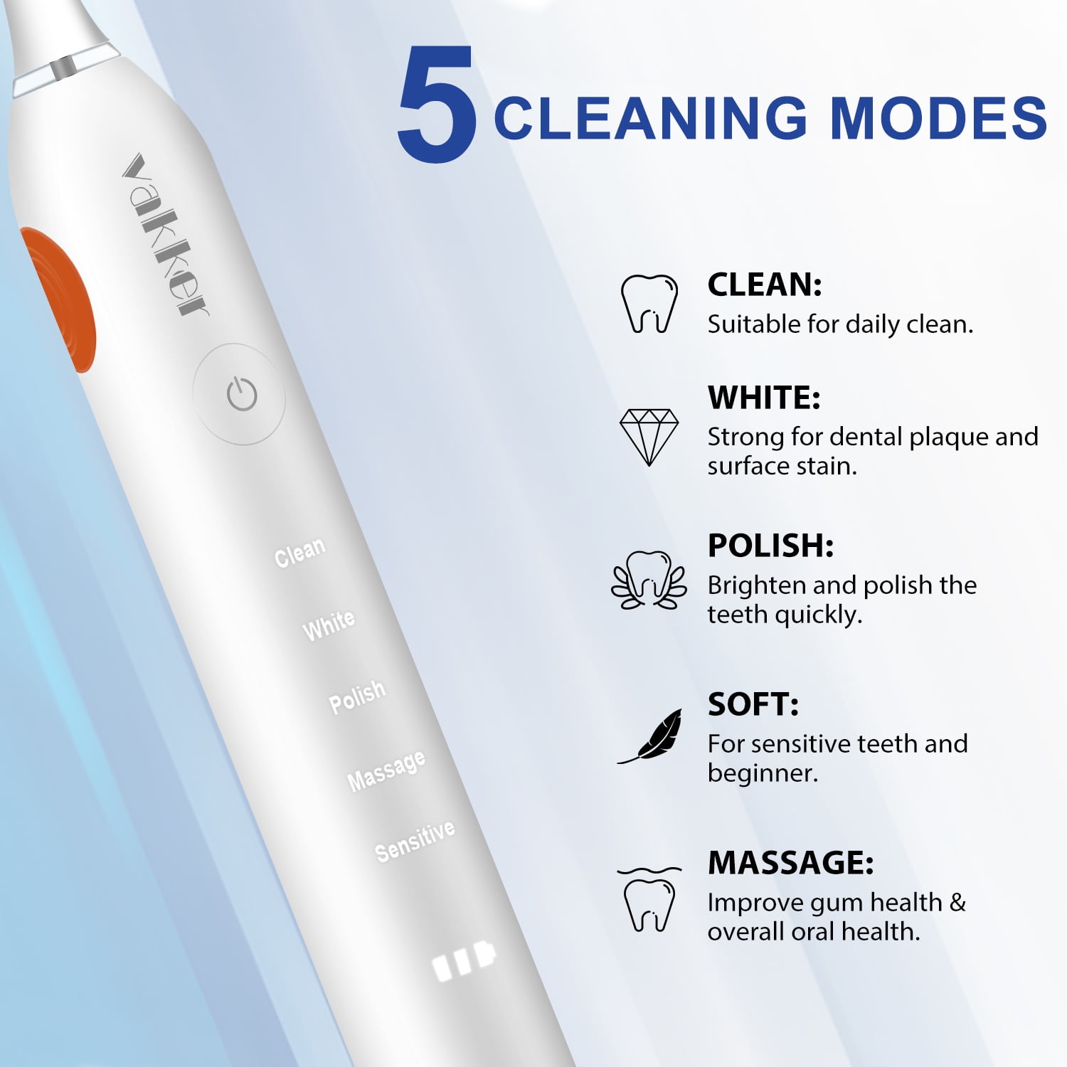 Vakker Sonic Electric Toothbrush for Adult with 6 replace Heads, Rechargeable Toothbrush with Charge Base, IPX7 Waterproof, Compatible with MySmile Toothbrush Head