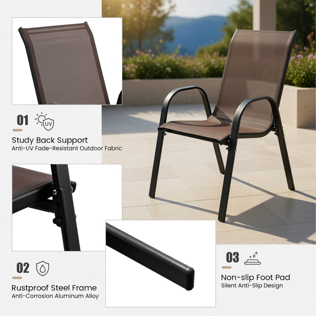 Hommoo 2-Pack Stackable Outdoor Dining Chairs with Ergonomic Armrests, Fabric & Grey Steel Frame,Space-Saving Patio Seating, Brown