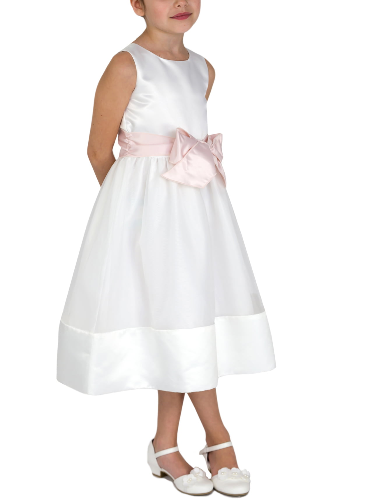 Flower Girl Satin Top Soft Organza Dress with Rhinestone Waist
