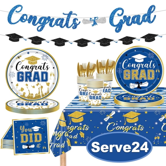 Graduation Plates 2025 Graduation Decorations Disposable Dinnerware Set Plates, Cups, Napkins, Banner, Tableware for class of 2025 Congrats Grad Party Supplies Serve 24