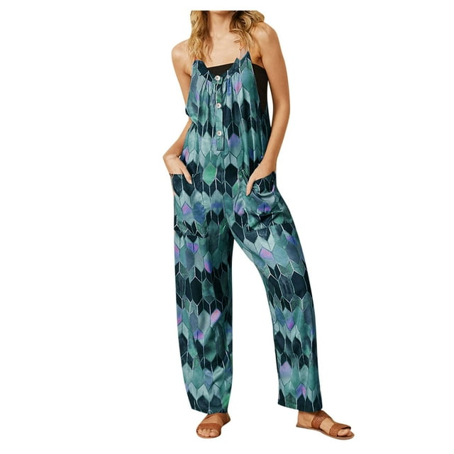Womens Plus-size Printed Button Halter Tank Top Belt With Pocket Jumpsuit