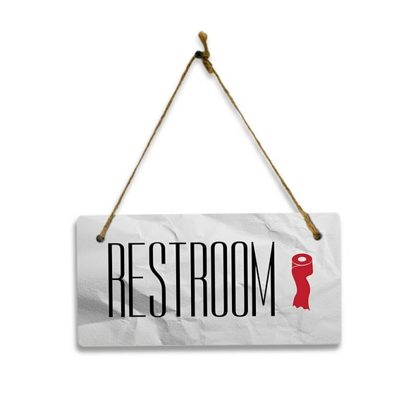 Restroom (Crumpled Paper) 5x10 Hanging Plus Wall or Door Sign | Rustic Twine | Range of Vibrant Decor Styles | Bathroom Signs For Home and Business