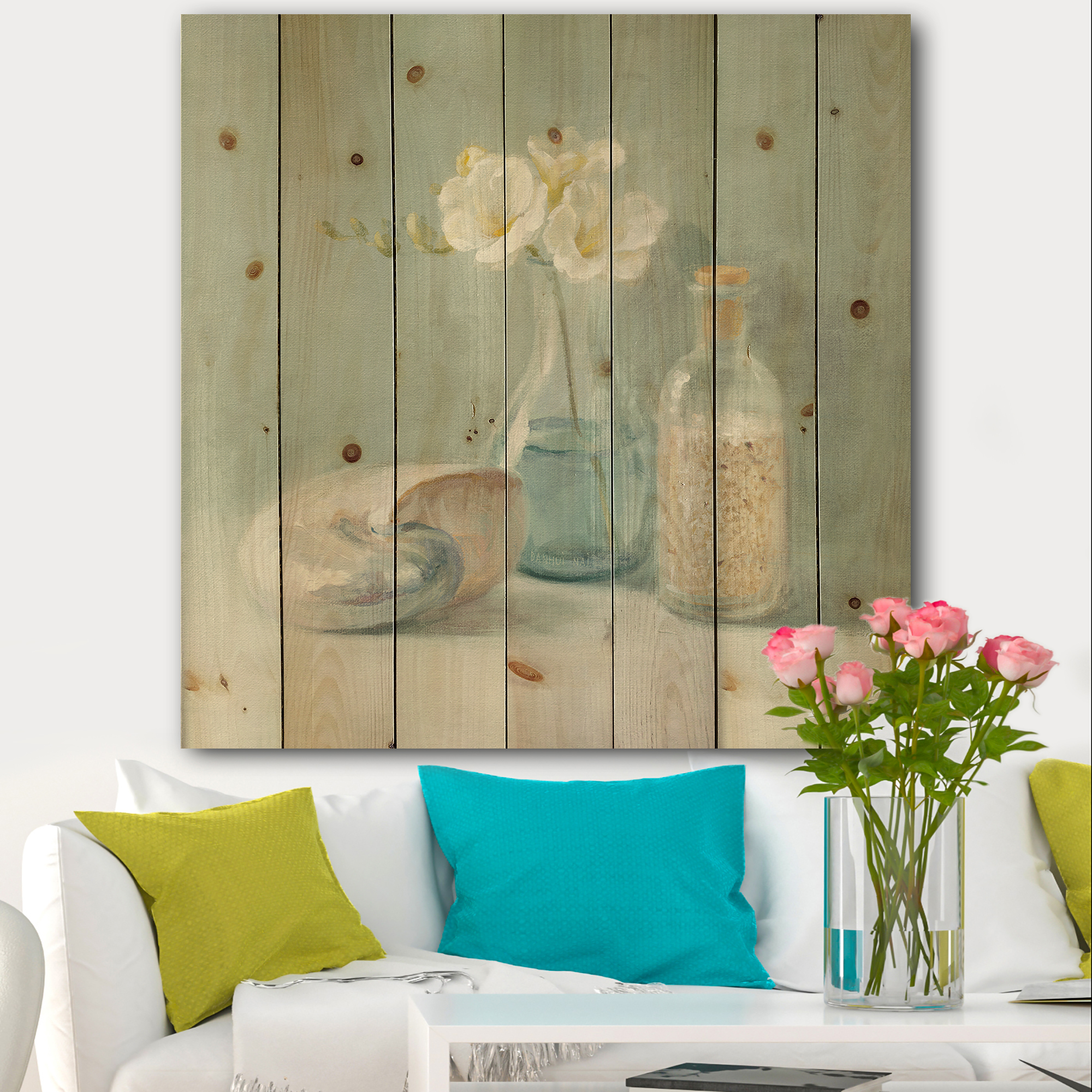 Designart 'Pastel Bath Accessories II' Nautical & Beach Print on Natural Pine Wood