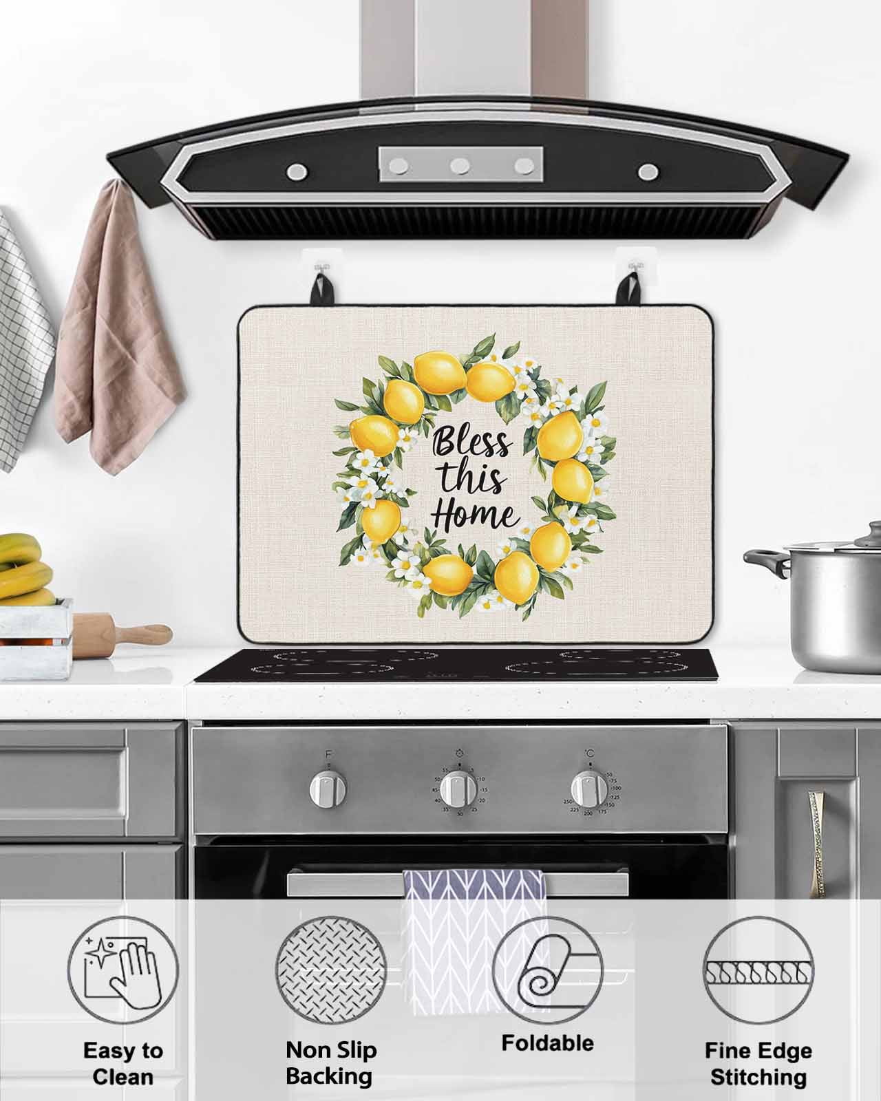 nqOlkjepod Large Induction Cooktop Protector Mat 28.5"x20.5", Summer Lemon Stove Top Covers for Electric Stove, Farmhouse Country Vintage Linen Texture Stove Burner Cover Mats, Glass Top Stove Cover