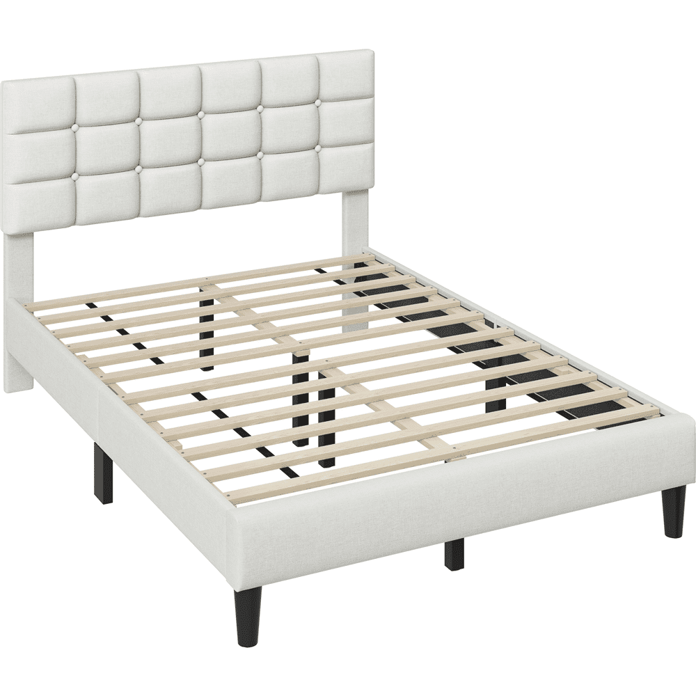 Renwick Full Size Upholstered Platform Bed with Square Tufted Headboard, Beige