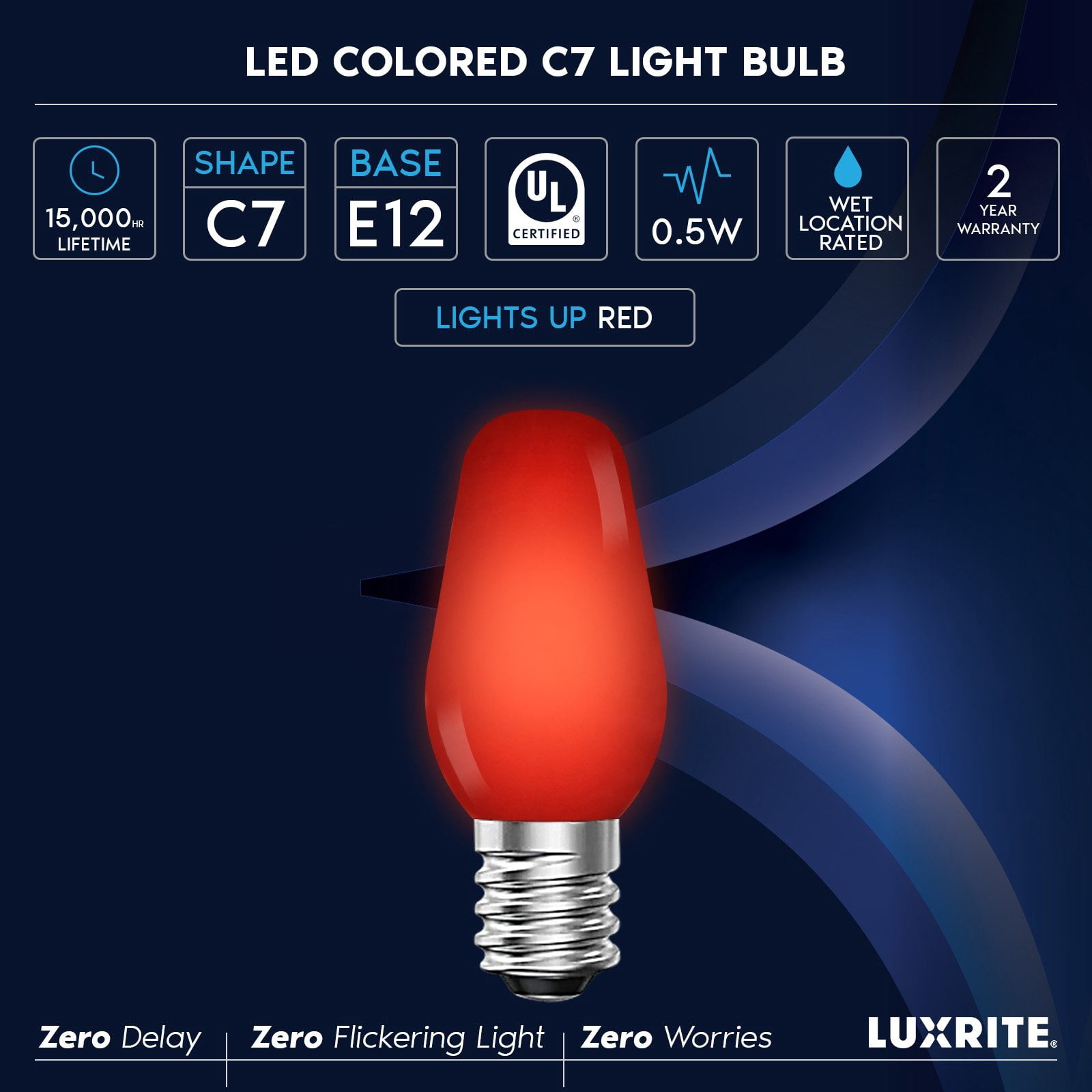 Luxrite 12-Pack C7 LED Red Replacement Light Bulbs for String Lights 0.5W Colored Bulb Enclosed Fixture Rated UL E12 Indoor Outdoor