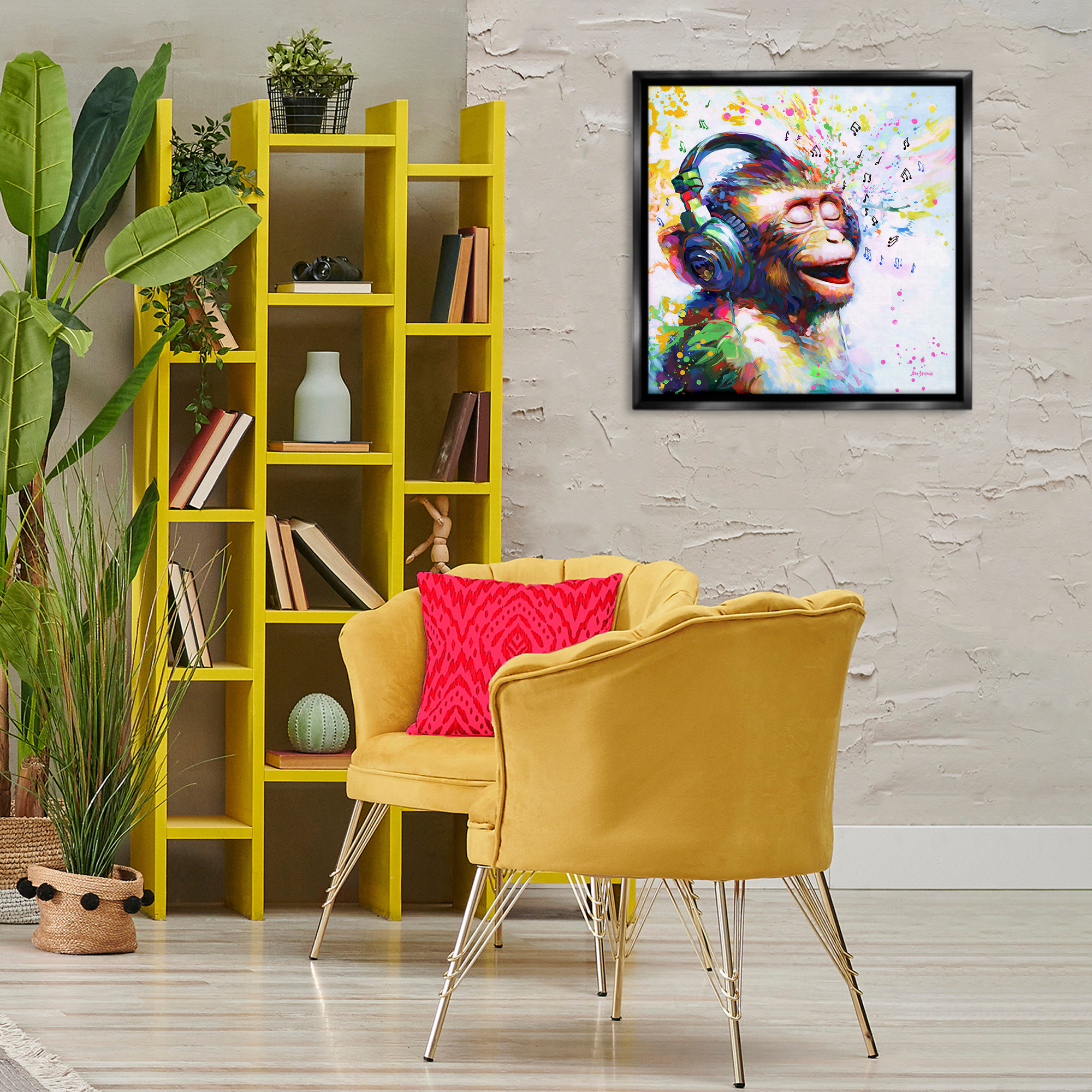 Stupell Industries Blissful Beats Monkey Animals & Insects Painting Black Floater Framed Canvas Art Print Wall Art, 25 x 25