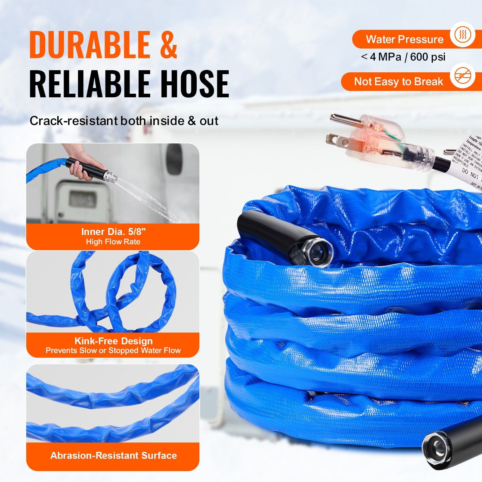 30ft Heated Water Hose for RV -45°F Antifreeze Heated Drinking Water Hose