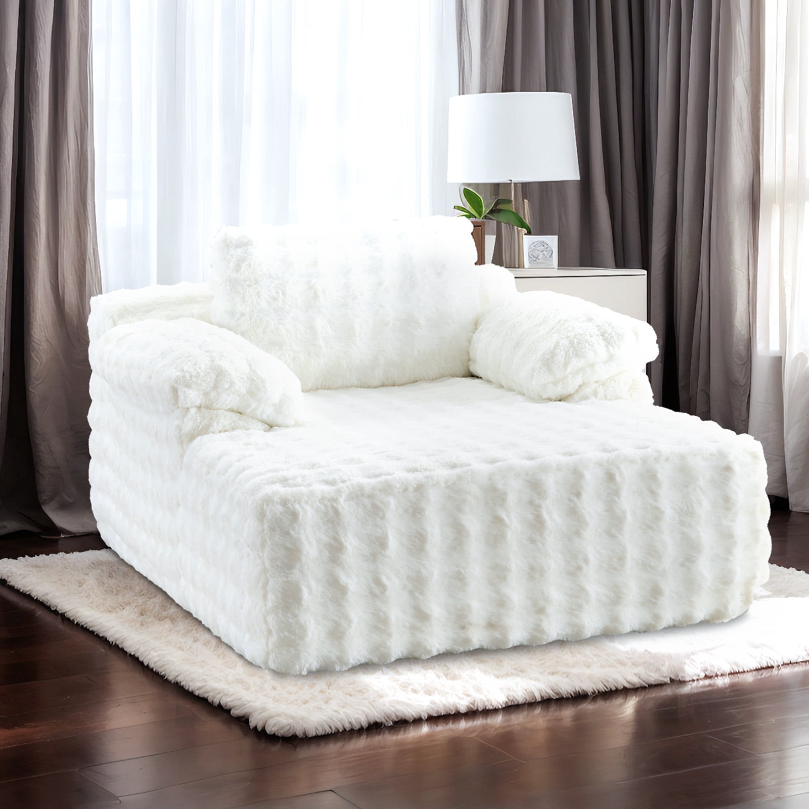 Ktaxon 68" Lounge Chair, Bubble Fleece Fabric Sofa Bed, Boneless Sleeper Chaise with Removable Backrest & Pillow-Top Armrests for Living Room White