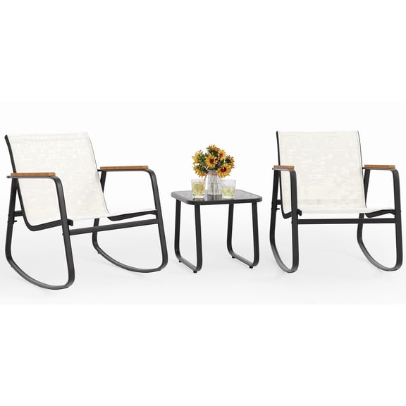Noelse 3 Piece Patio Bistro Set with Rocking Chairs, Outdoor Textilene Table and Chairs for Small Patio, Balcony, Porch, White