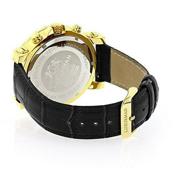 Large Mens Watch with Diamonds 0.25ct Yellow Gold Plated Black MOP Escalade with Leather Strap
