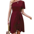 thumbnail image 3 of Vestido de un solo hombro, vestido de citas suave de poliéster de manga corta para fiesta Rojo XL LHCER 1, 3 of 5