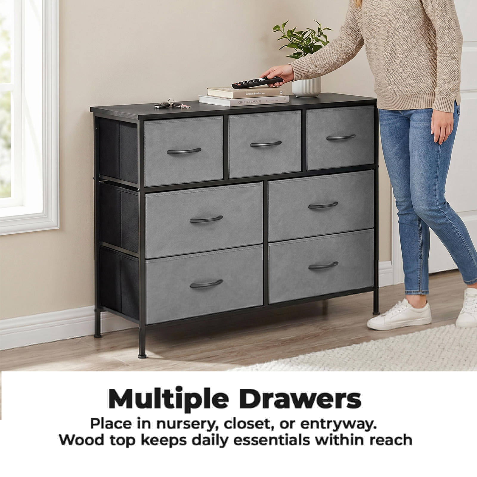 Alvantor Tall Dresser Fabric Storage Tower ,Wooden Top for Kid Room, Closet, Entryway, Nursery