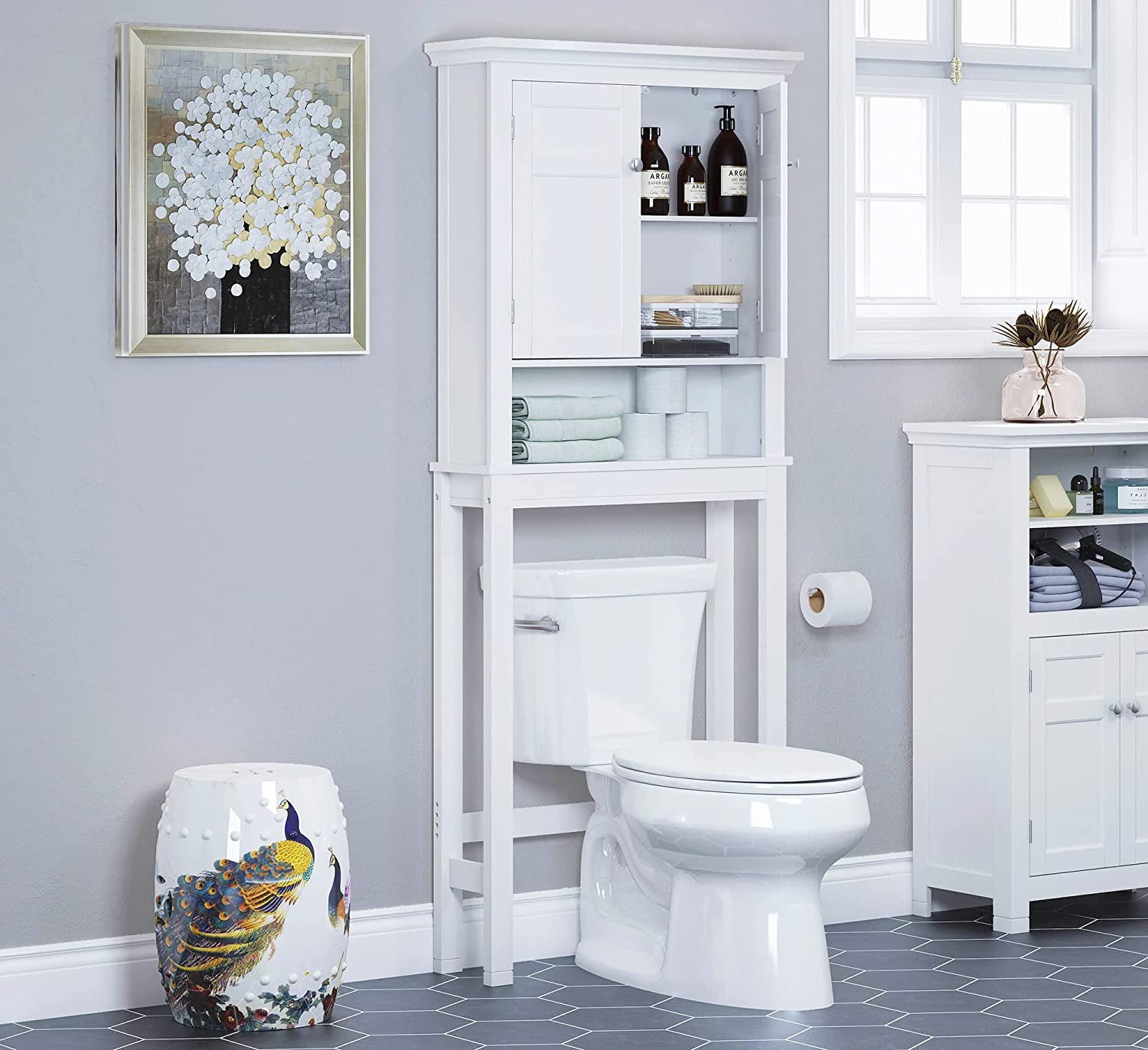 Spirich Over-the-Toilet Storage Cabinet with Adjustable Shelf, Space-Saving Bathroom Organizer, White