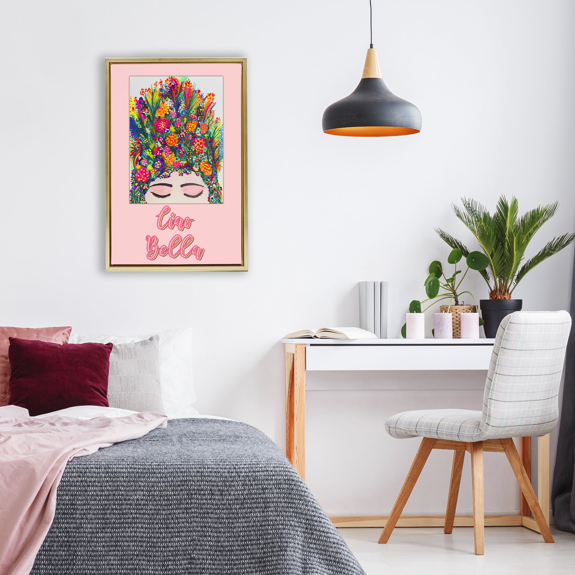 Stupell Industries Ciao Bella Floral Woman Gold Framed Floater Canvas Wall Art, design by Pooja Dave
