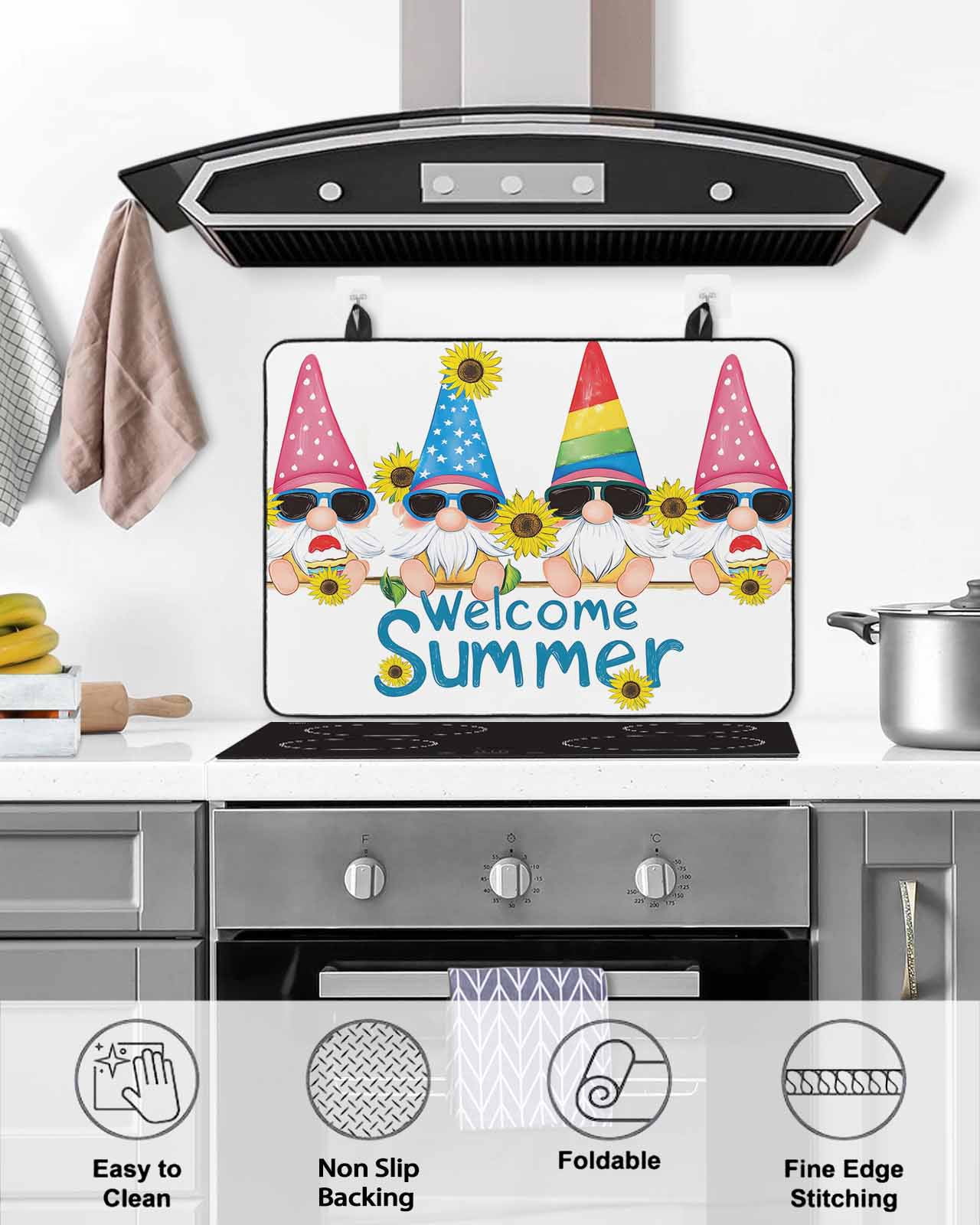 nqOlkjepod Large Induction Cooktop Protector Mat 24"x21", Sunflower Gnomes Stove Top Covers for Electric Stove, Summer Farmhouse Botanical Yellow Pink Stove Burner Cover Mats, Glass Top Stove Cover