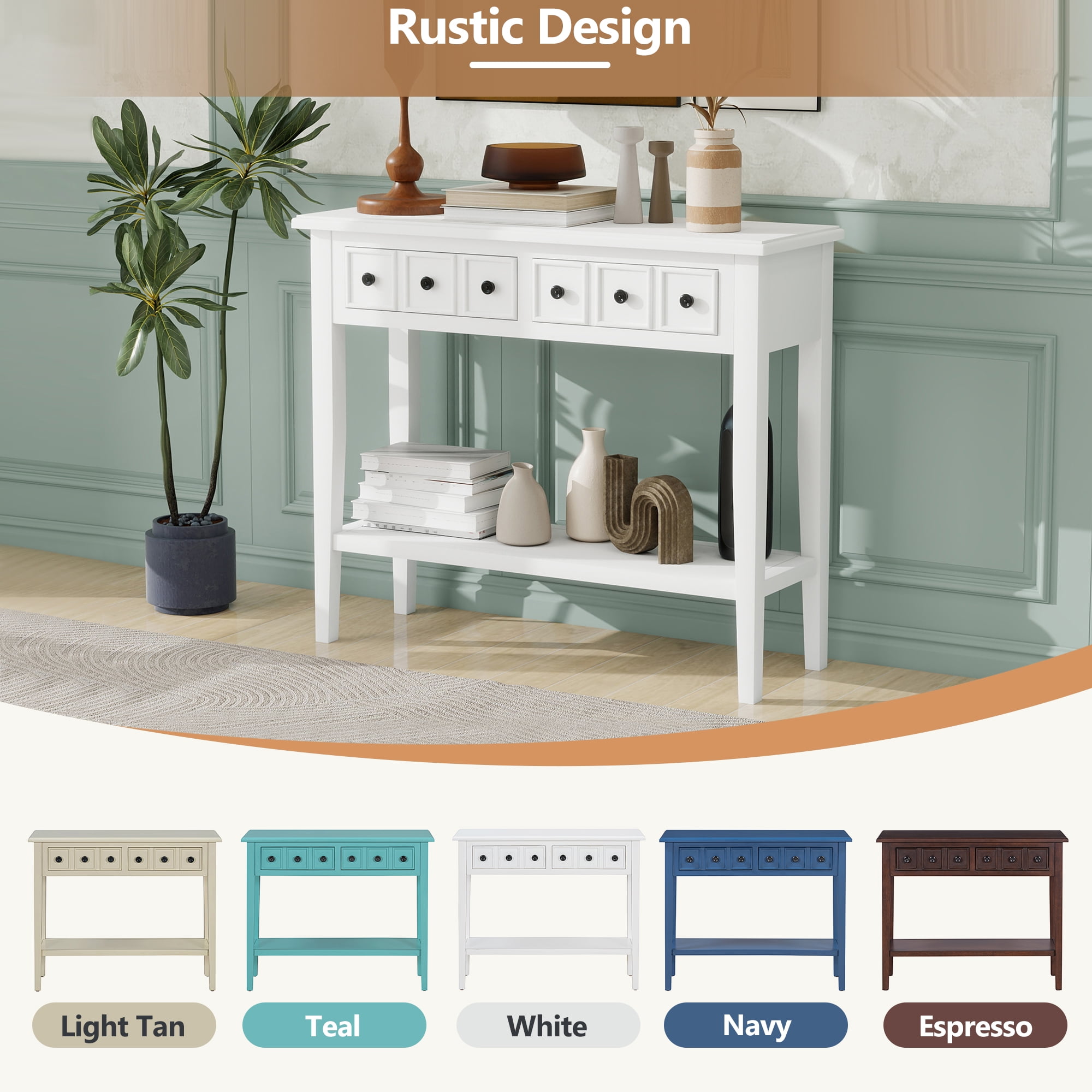 EUROCO 38.2" Console Table,Sofa Table Entryway Table with Rubber Wood Legs,2 Drawers and Open Shelf,Rustic Hallway Accent Table for Living Room, Entrance,White