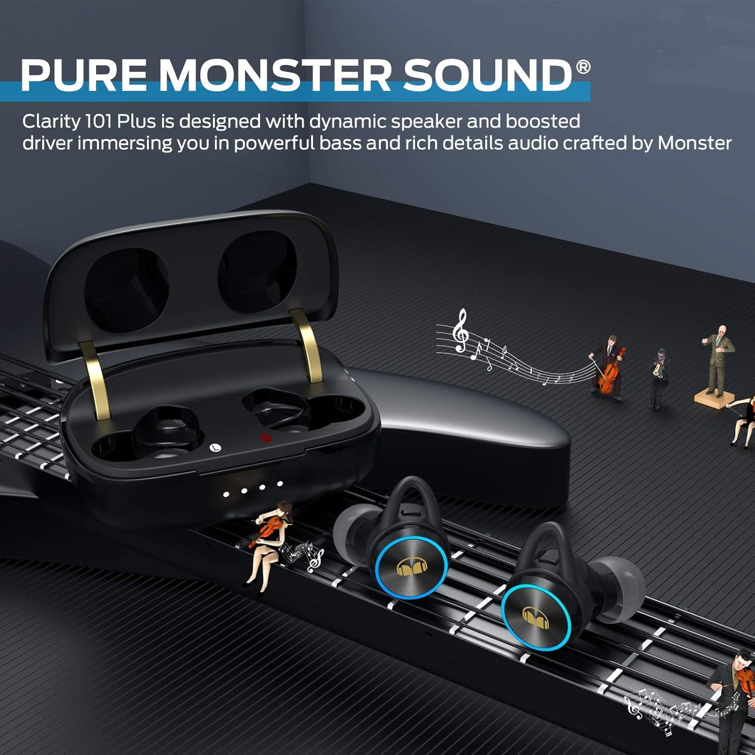 Monster Wireless Earbuds, Bluetooth 5.0 in-Ear Headphones with Charging Case, Stereo Earphones Deep Bass Sound, Built-in Mic, Clear Call, Water Resistant Design for Sports