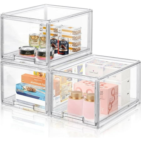 3 Packs Plastic Stackable Storage Drawers Clear Storage Bins Organizer with Pull Out Drawer for Kitchen Cabinet Pantry Fridge Freezer Shelf Refrigerator Organization and Storage