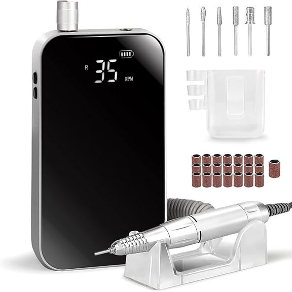 YJJSKEJI Cordless 35000 RPM Electric Nail File,Portable Acrylic Nail Drill,Rechargeable Nail Drill with 6 Bits and 50pcs Sanding Bands for Manicure Salon Home, Black