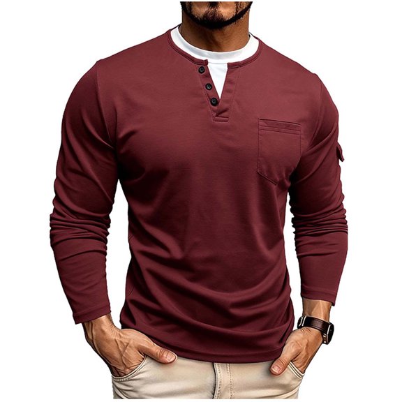 Lmnyox Men's Casual Long Sleeve Shirts Solid Casual Crew Neck Button T Shirt with Pocket Vintage Work Tops