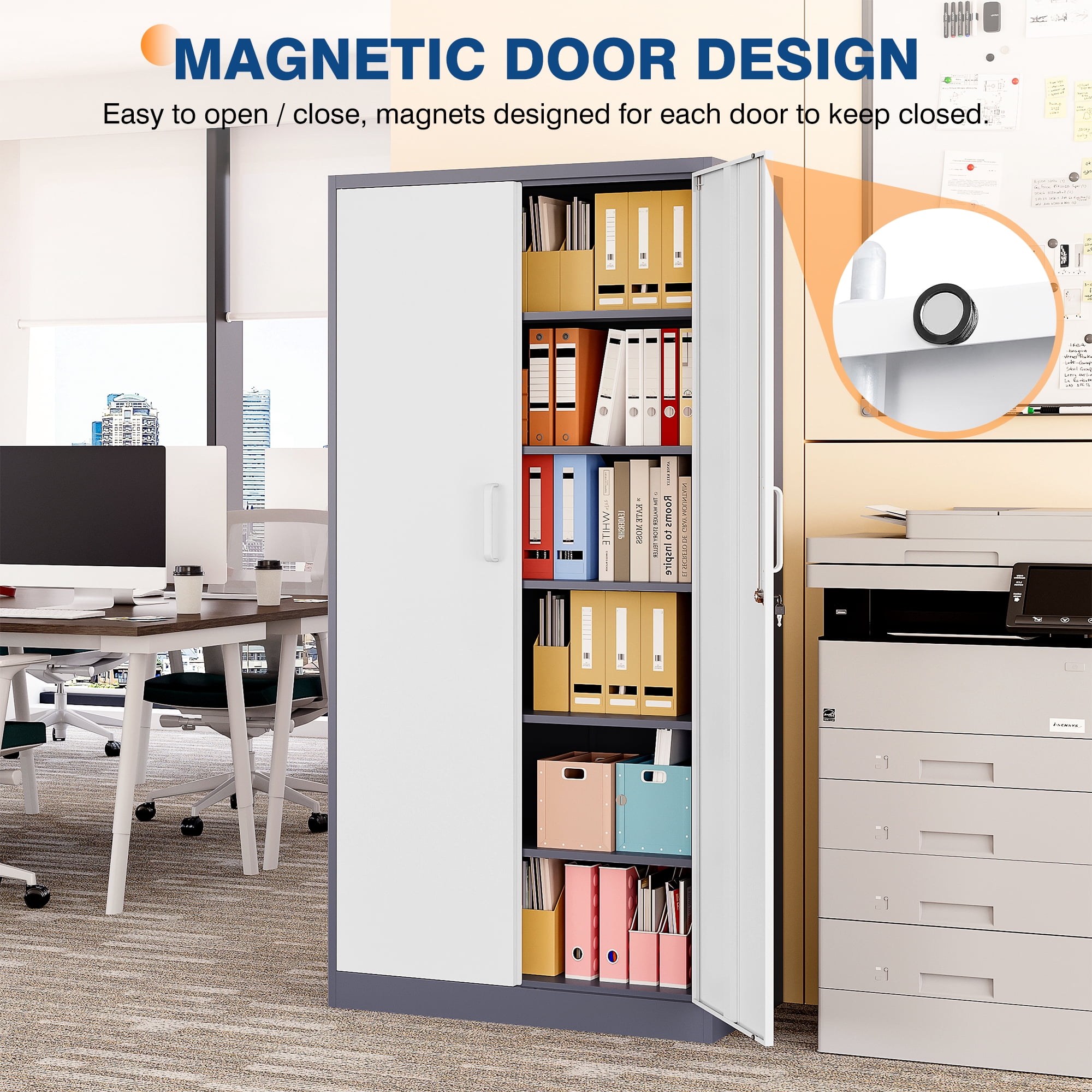 Fesbos 72" Metal Storage Cabinet with 5 Adjustable Shelves,Tall Lockable Tools Cabinet, White&Gray Steel Garage Storage Cabinets for Home Office,Pantry,Hospital