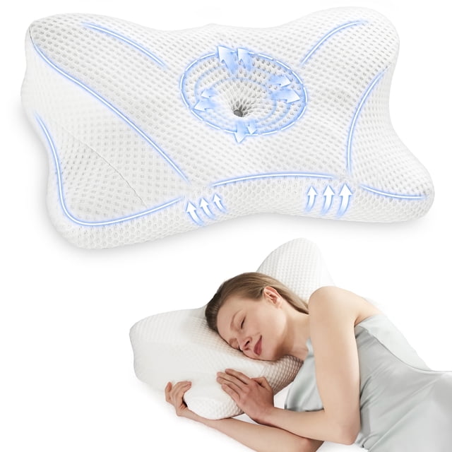 EDX Almohada Cervical, Alivia dolor de cuello and hombros, memory foam ergonómica, diseño hueco transpirable, ideal para dormir de lado, color blanco