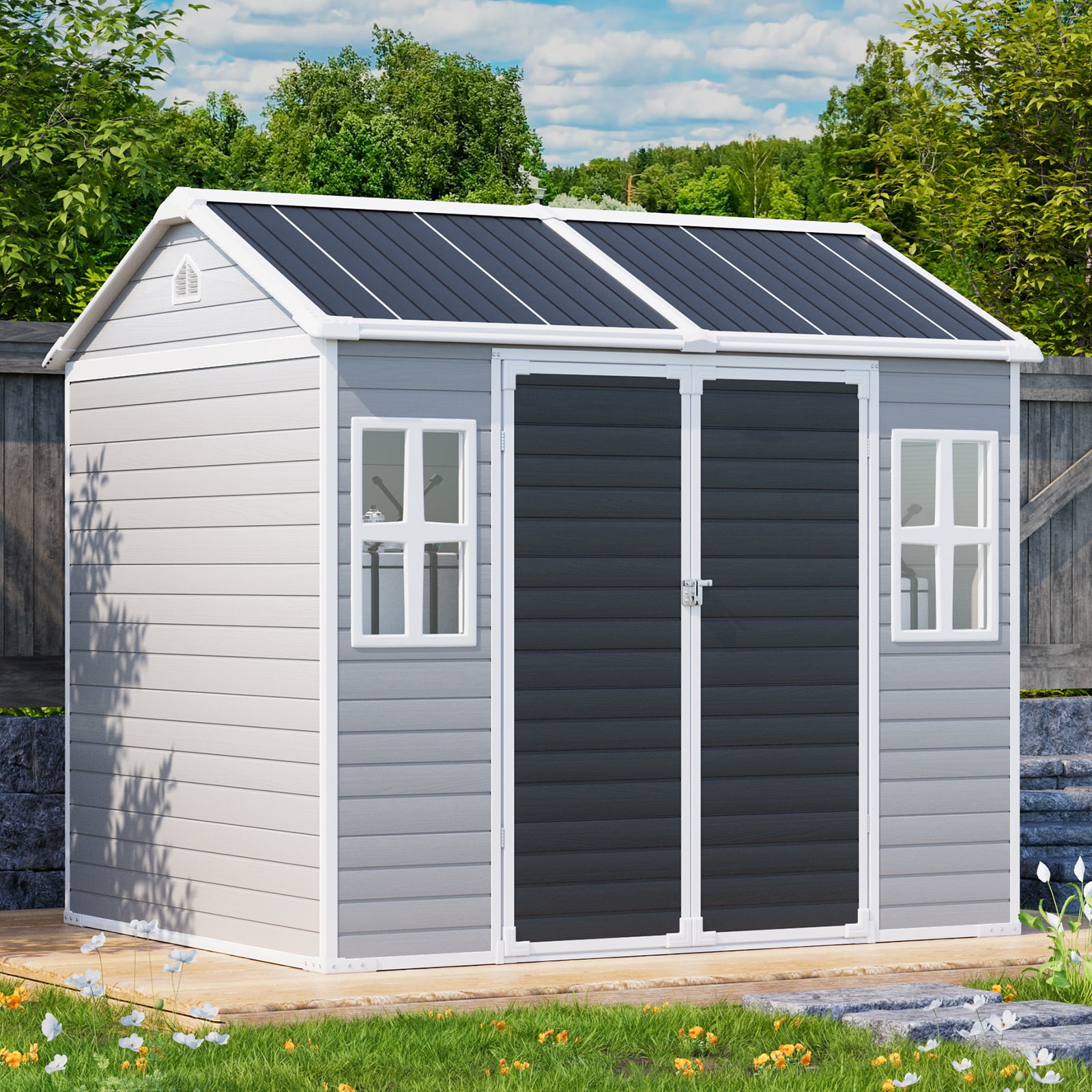 JULY'S SONG Outdoor Storage Shed with Floor, 8x6 FT Resin Sheds with Lockable Door & 2 Windows, Vent, Waterproof Plastic Storage Sheds for Outside, Grey