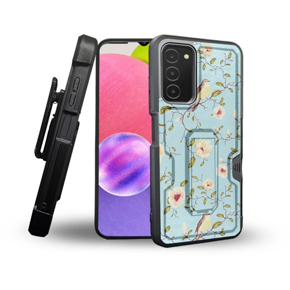 ANJ  Rugged Shockproof Holster Case Card Slot Kickstand   Tempered Glass Cover for Samsung Galaxy A03s - Birds and Flowers (Blue)