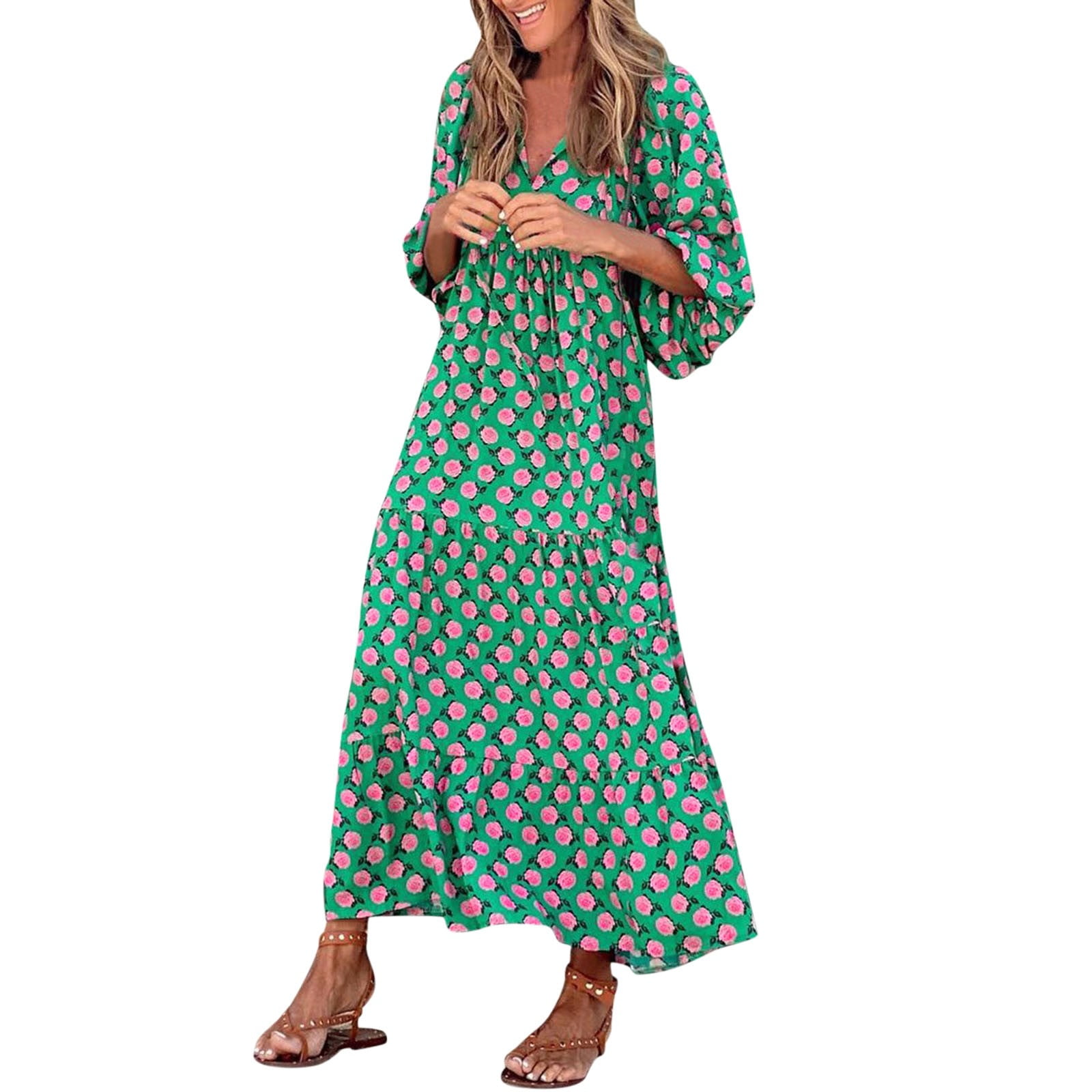 AMILIEe Women Boho Floral Puff Sleeve Tiered Maxi Dress Casual Layered  Loose Vacation Beach Long Dress 