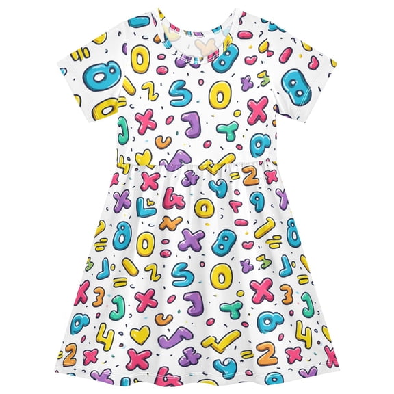 Cute Cartoon Numbers Short Sleeve Dress A-Line Cute Midi Casual Sundress 2-8 Years
