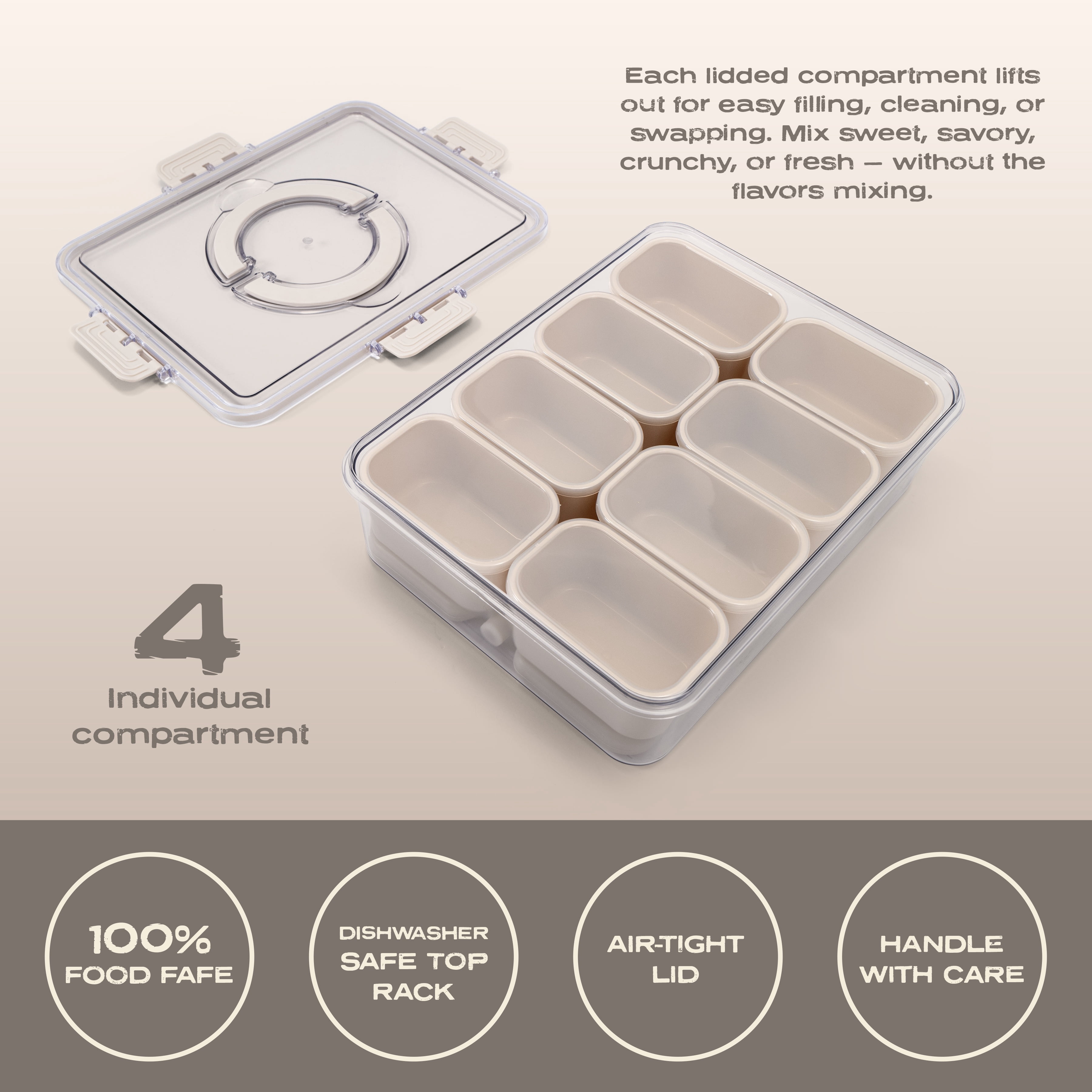(2 pack) Cook with Color 8-Compartment Snack Box Food Storage Container with Lids, Removable Ice Pack, Leak-Proof Portable Lunch Box with Locking Lid, Charcuterie Tray Portion Control, Dishwasher Safe, Taupe