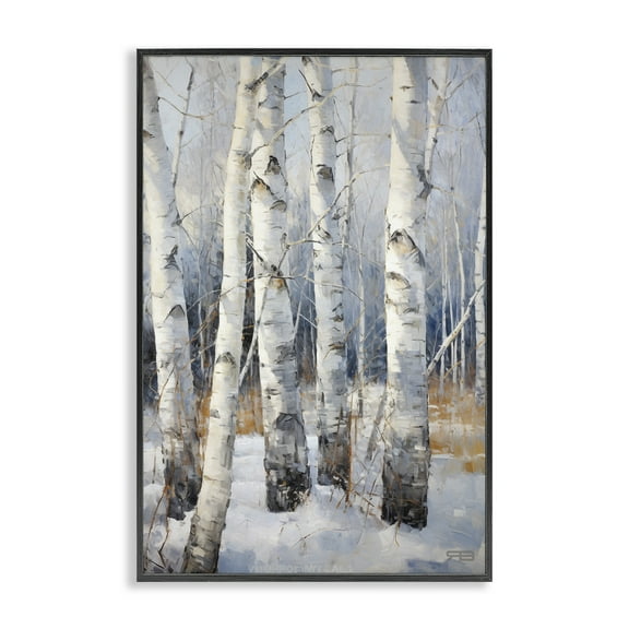 Stupell Industries Snowy Birch Forest Landscape Painting Black Framed Art Print Wall Art, 12 x 18