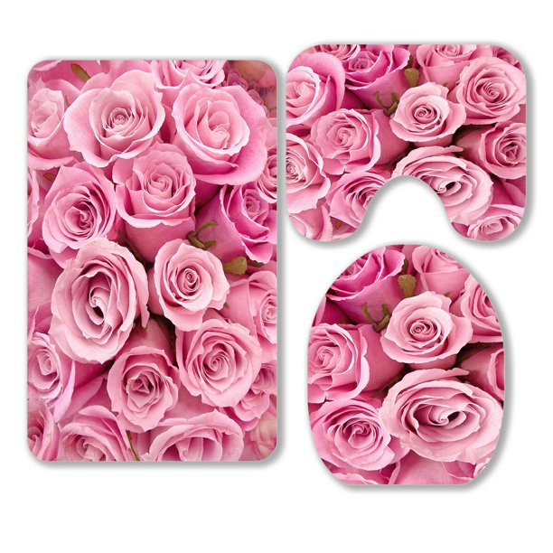 ECZJNT Bright pink roses 3 Piece Bathroom Rugs Set Bath Rug Contour Mat