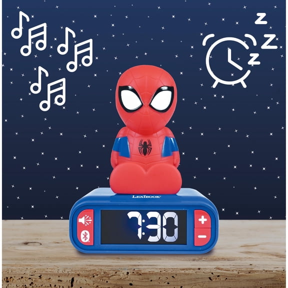 Lexibook, Spider‑Man Digital Alarm Clock, 3D Night Light, Bluetooth Speaker, Sound Effects, LCD Screen, Snooze Function, RL810SP