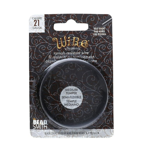 The Beadsmith Half-Round Craft Wire - Medium Temper Beading Wire, Black Color, 21 Gauge, 7 Yards