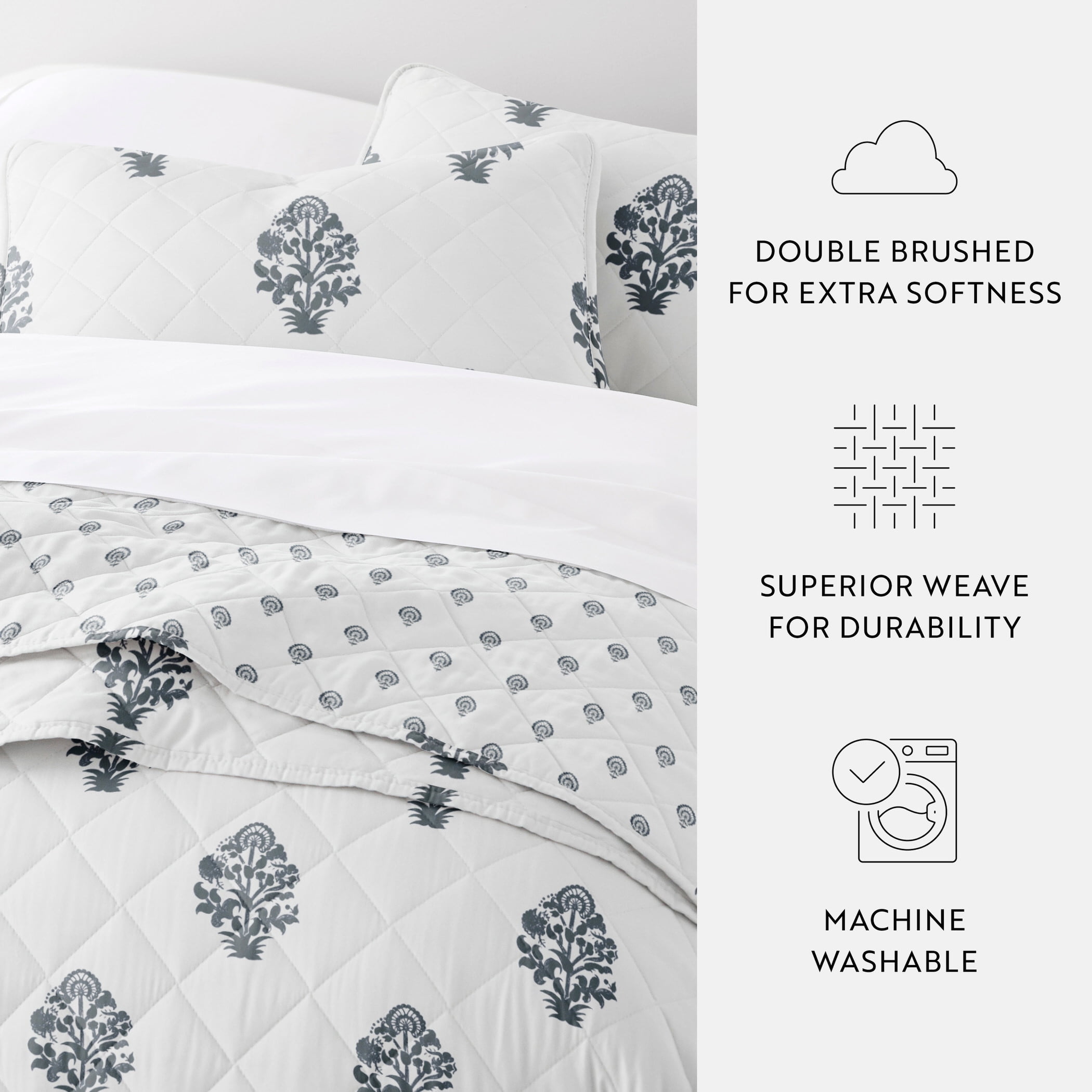 Noble Linens 3-Piece Dusk Blue Stamped Bloom Reversible Quilt Set, King