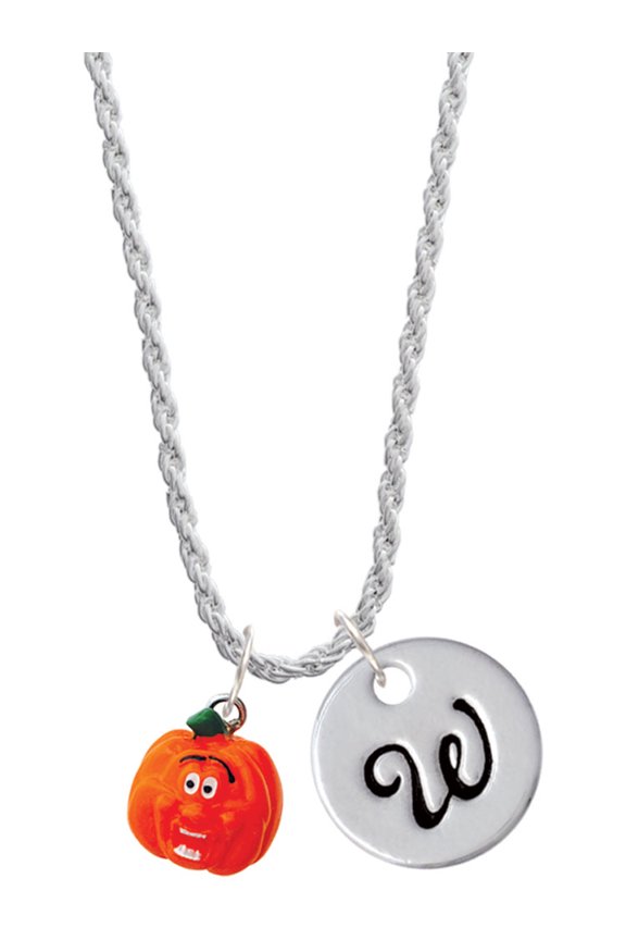 Resin Funny Ahh! Pumpkin Silvertone Script Initial Disc - W - Charm Necklace, 20"+3"