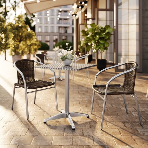 BizChair 23.5'' Square Aluminum Indoor-Outdoor Table Set with 2 Dark Brown Rattan Chairs