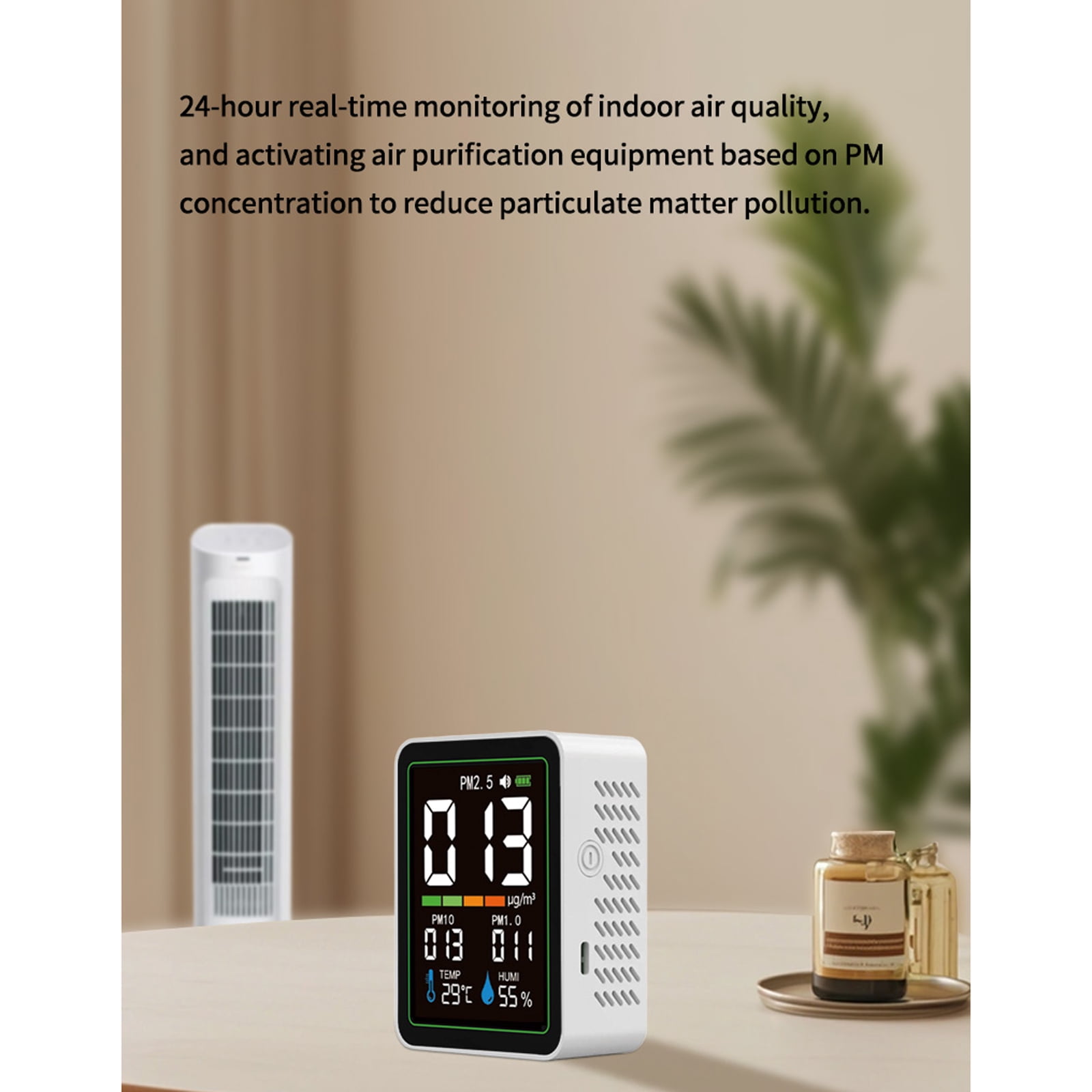 5-in-1 Indoor Air Quality Monitor with LCD Color Screen - Real-Time PM1.0 PM2.5 PM10, Temperature & Humidity Sensor, USB-C Rechargeable, Portable Design