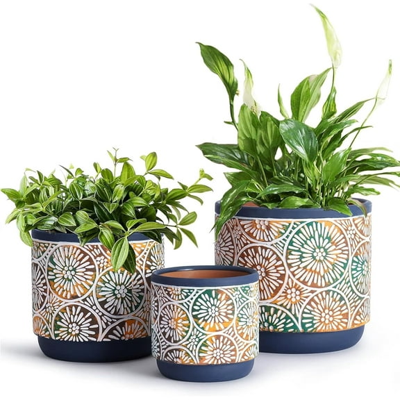 3-Piece Ceramic Flower Pots Indoor Plant Pot Set with Drainage Holes, 5.7/4.7/3.5 Inch, Modern Decorative Flower Pots Outdoor Plants Lily, Cactus, Succulents, Snake and Bamboo (Blue)