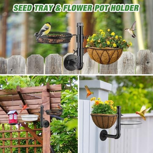 RibRave Wall Mounted Bird Feeder With Detachable Tray and 2 Water Bowls for Balcony, Yard, Fence, and Tree - Black