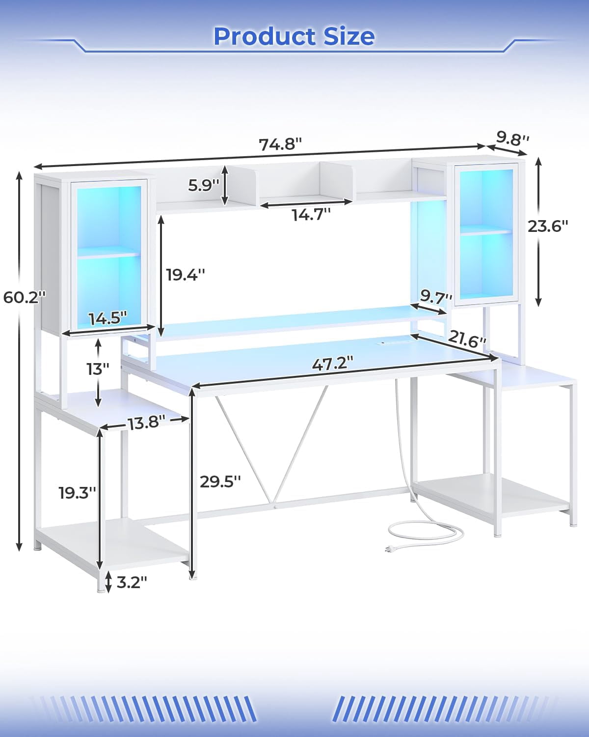 Gaming Desk 74.8'' with LED Lights, Hutch and Storage Shelves, Computer Desk with Monitor Stand, Large PC Gamer Desk Workstation, Ergonomic Gaming Table for Bedroom, Living Room, White