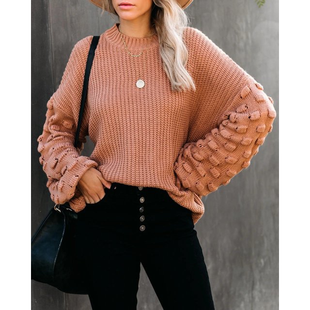 REDHOTYPE Chandail Tricoté à Col Rond pour Femme, Ample, Décontracté, Uni, à Manches Longues
