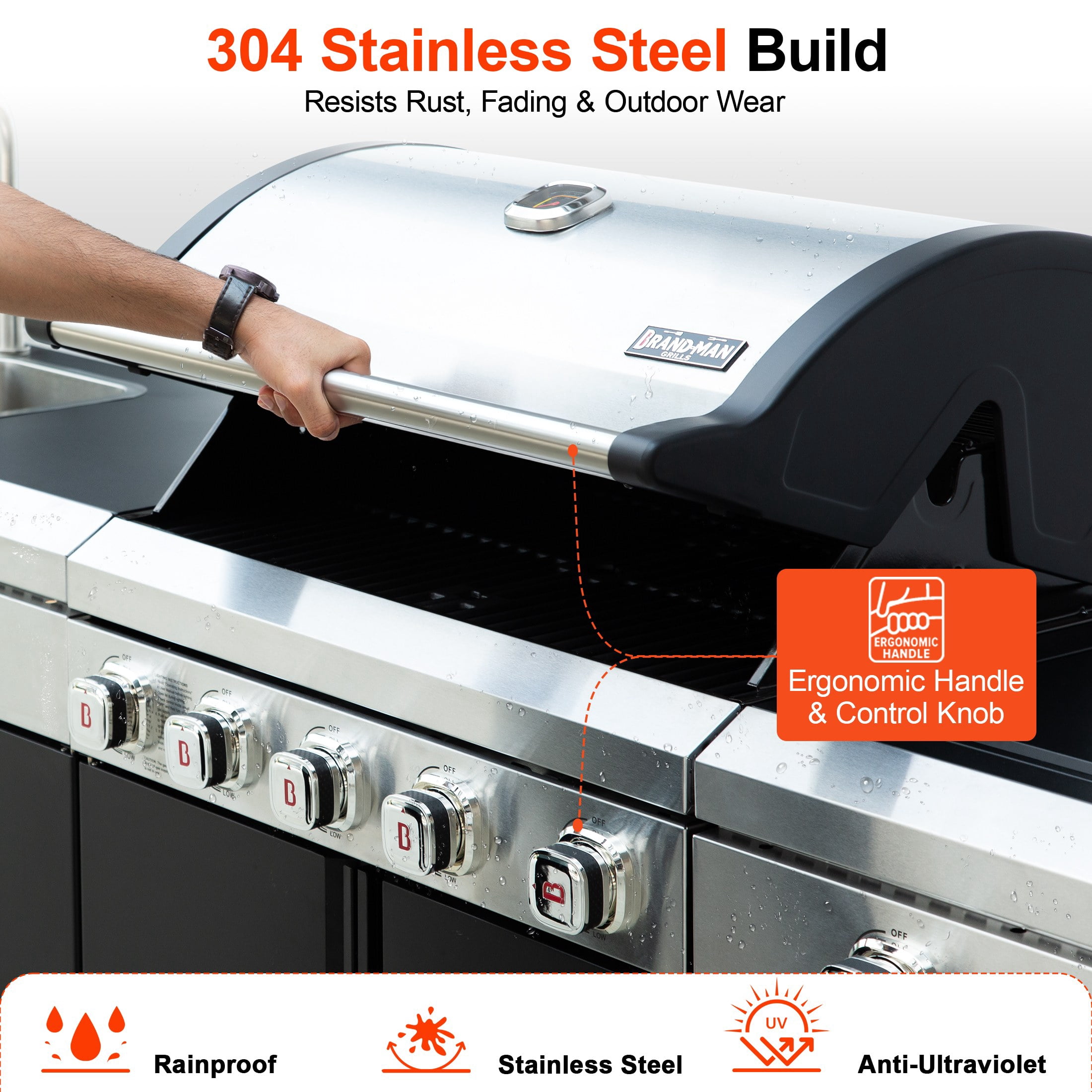 Brand-Man Outdoor Modular Island Kitchen Grill Gas Grill, 76,000 BTU 5 Burner Stainless Steel Burner and 2 Infrared Side Stove with Sink Station