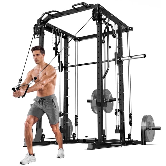 Mitonos Multi-Function Smith Power Cage, 2000 LBS Heavy Duty Squat Rack with Dual Cable Crossover System, All-in-One Home Gym Strength Training Frame with Fitness Accessories