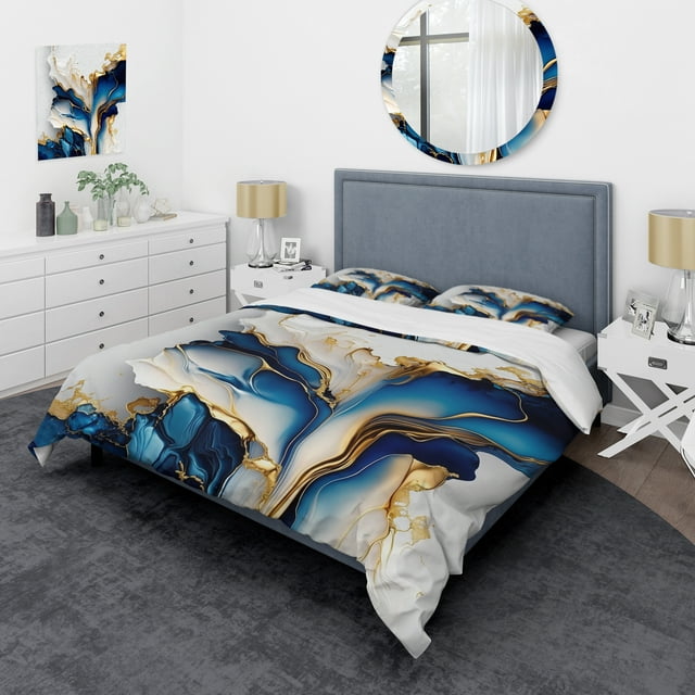 Designart "Abstract Shape in Golden and Blue Marble III" Animals Bedding Covert Set - Abstract Marble Blue Abstract Bed Set With 2 Shams