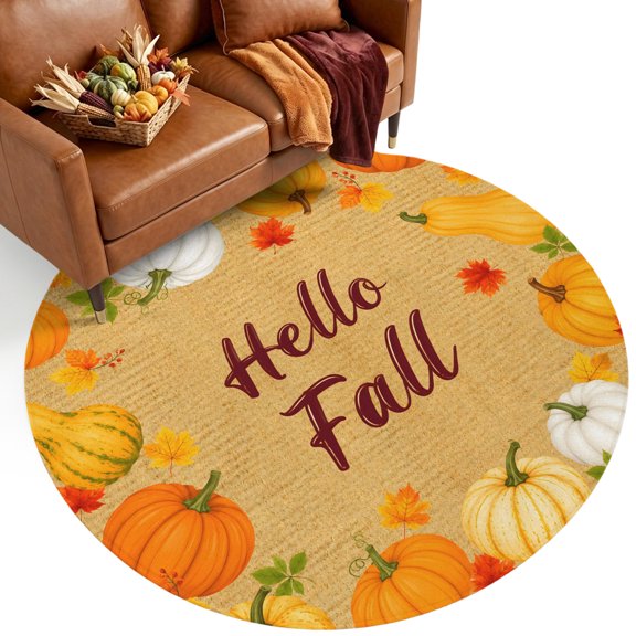 Hello Fall Washable Round Area Rug 3 ft, Thanksgiving Orange White Yellow Pumpink Burlap Texture Soft Non‑Slip Rugs Stain Repellent Indoor Mats for Entryway, Bathroom, Bedside, Hallway Nook